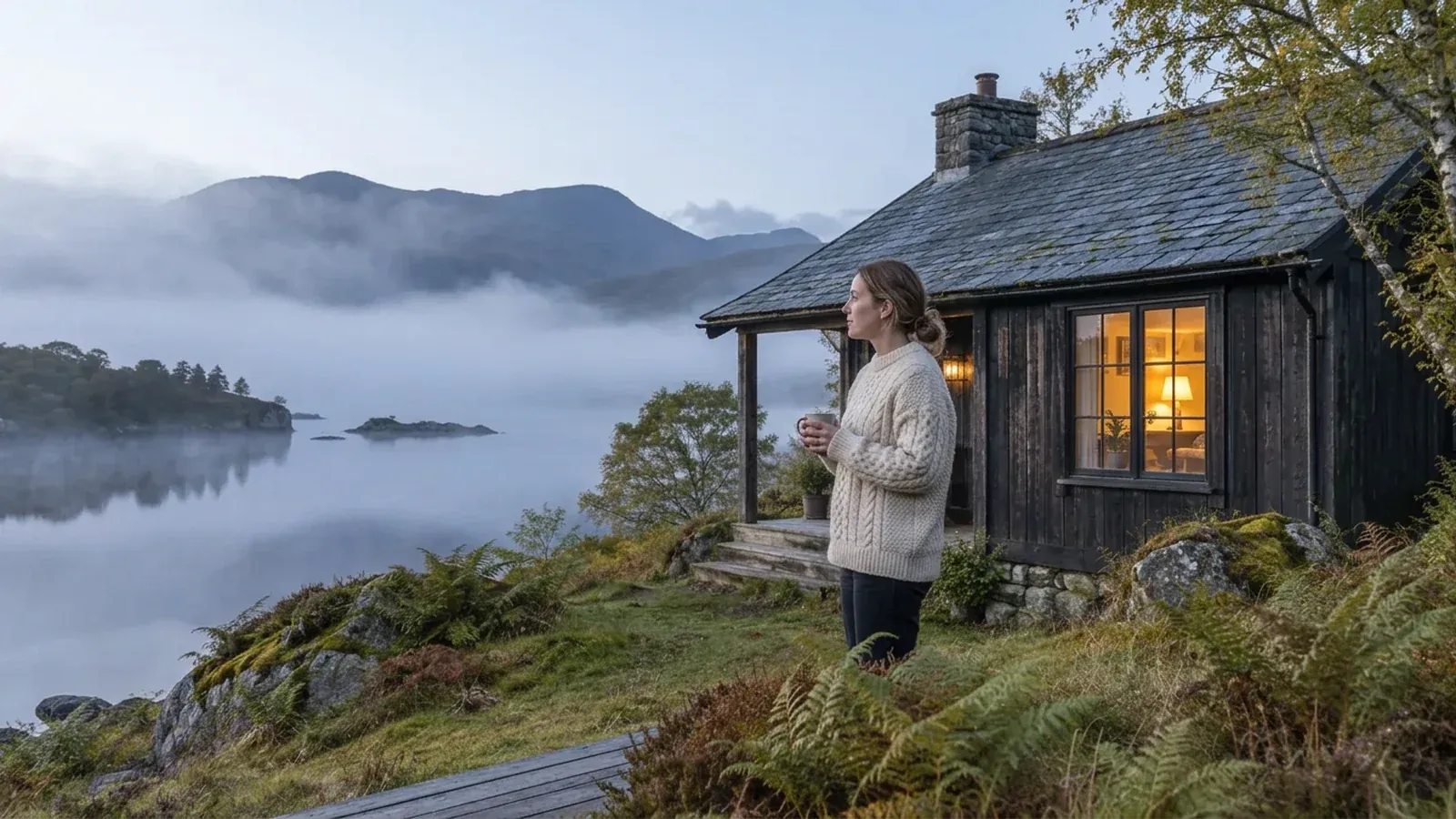 Postcard of Lochy Cabin: a guest in a wool jumper with a mug, looking out over the loch in the early morning mist.