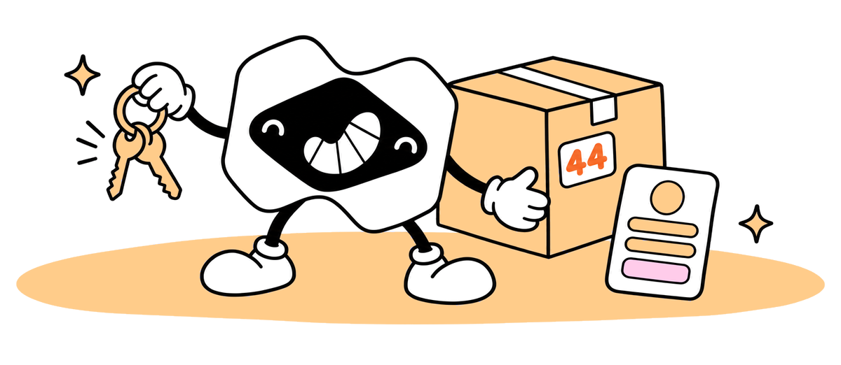 The Macaly mascot holding a key ring, a moving box with a 44 tag under its other arm and a small login card leaning against the box