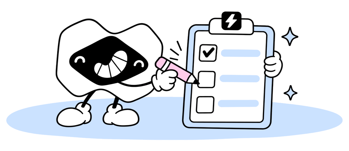 The Macaly mascot ticking off a three-item checklist on a clipboard with a pencil, a lightning bolt badge on the clip