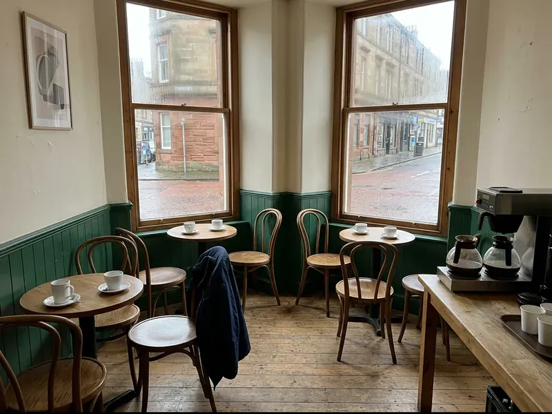 Inside Albert Road Coffee: dark green panelling and tall corner windows