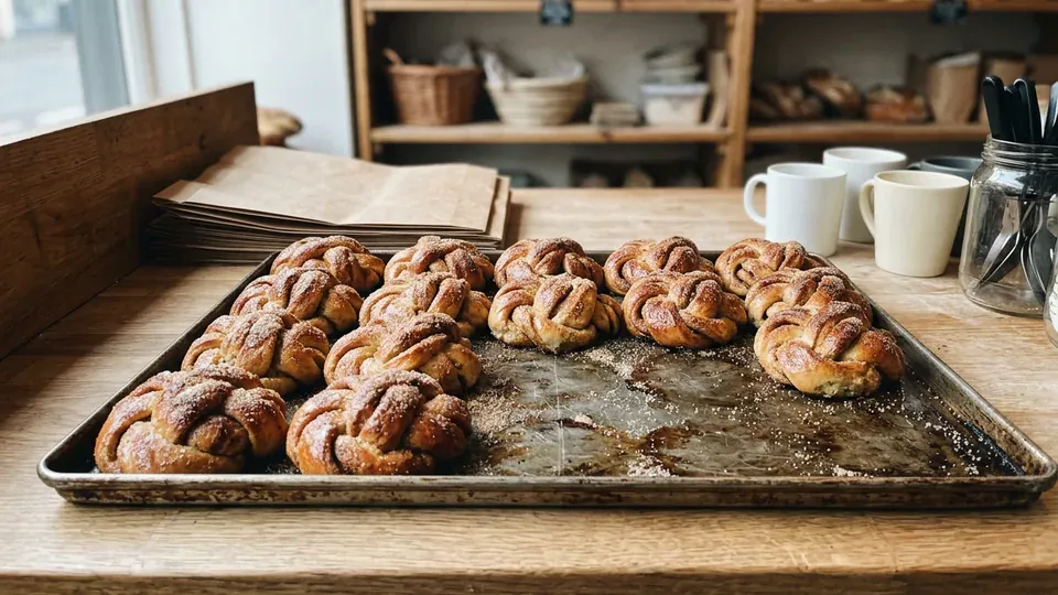 A tray of cardamom buns on the counter at Hyndland Bakehouse