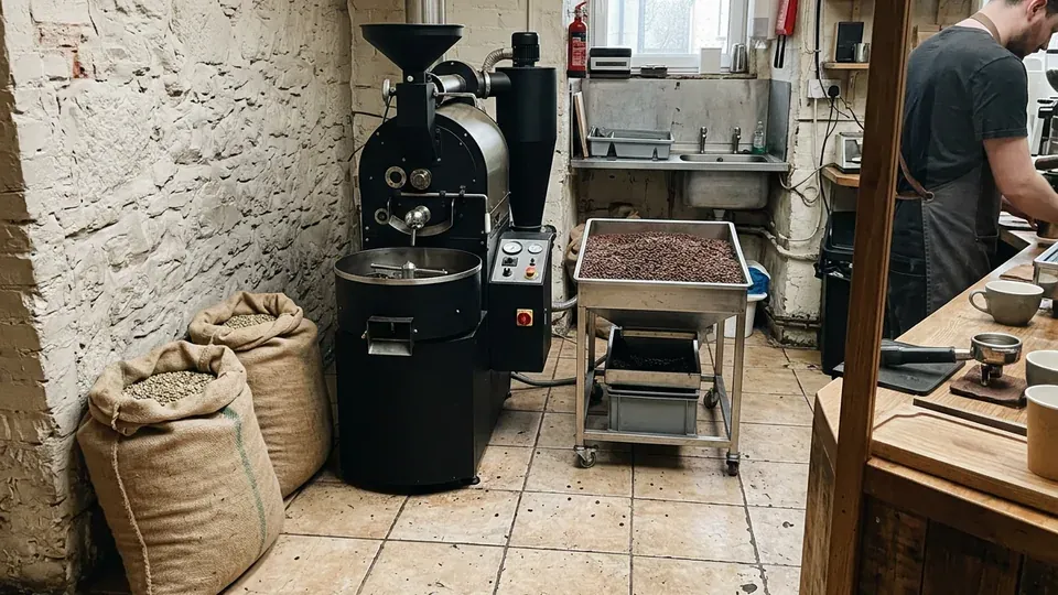 The small drum roaster and sacks of green beans at the back of Partick Roasters