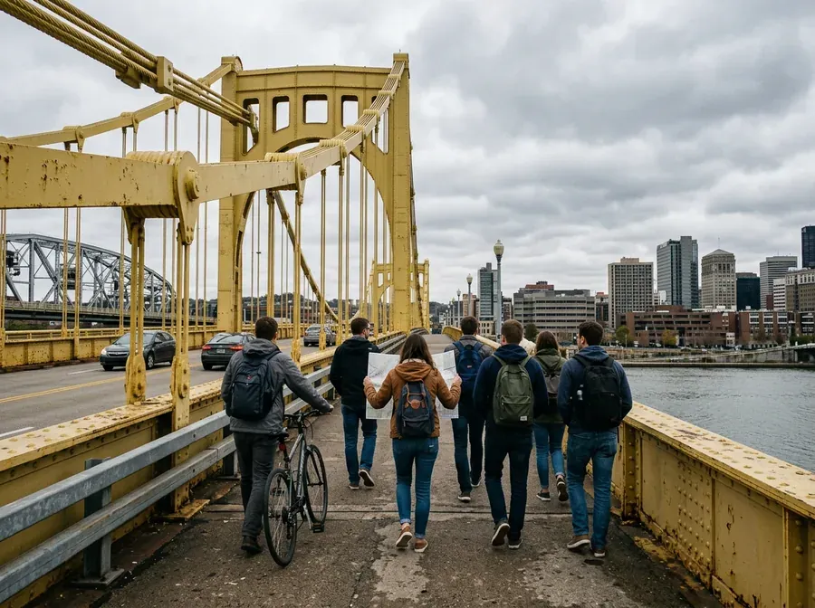 A group walking across a yellow bridge over the river, one of them holding a paper map