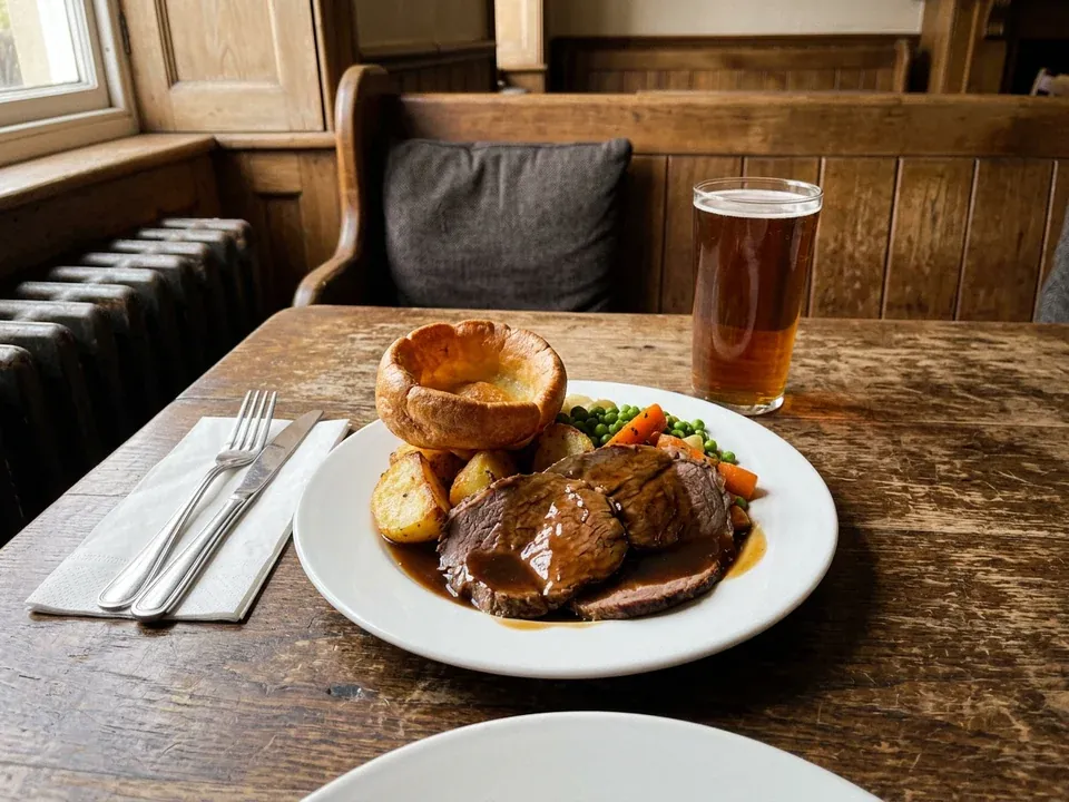 A Sunday roast on a worn wooden pub table