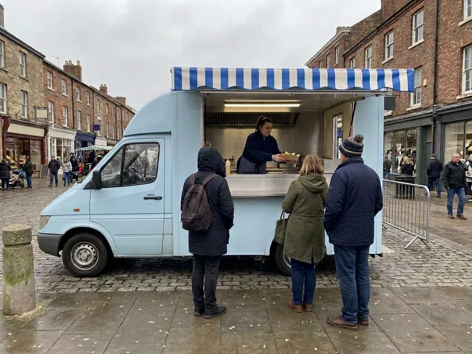 A small food van with its hatch open in a market square