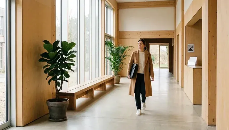 A woman carrying a portfolio walks down a plywood lined entrance hall in daylight