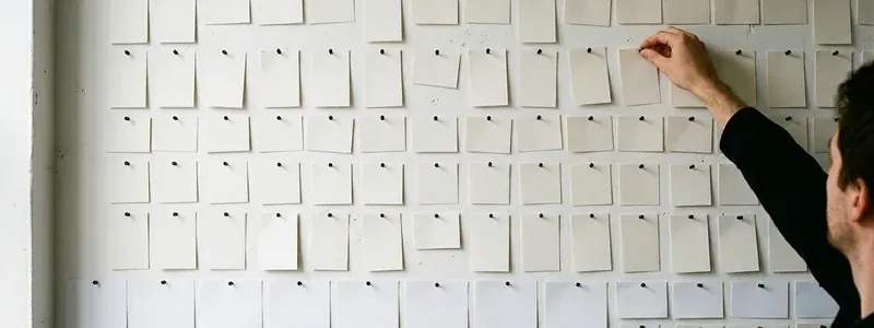 A wall of small paper cards pinned in rows