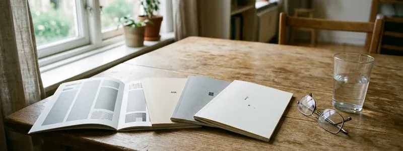 Printed booklets open on a table beside a window