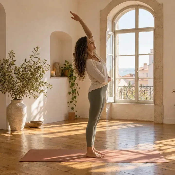 Maya in a side stretch by the studio window