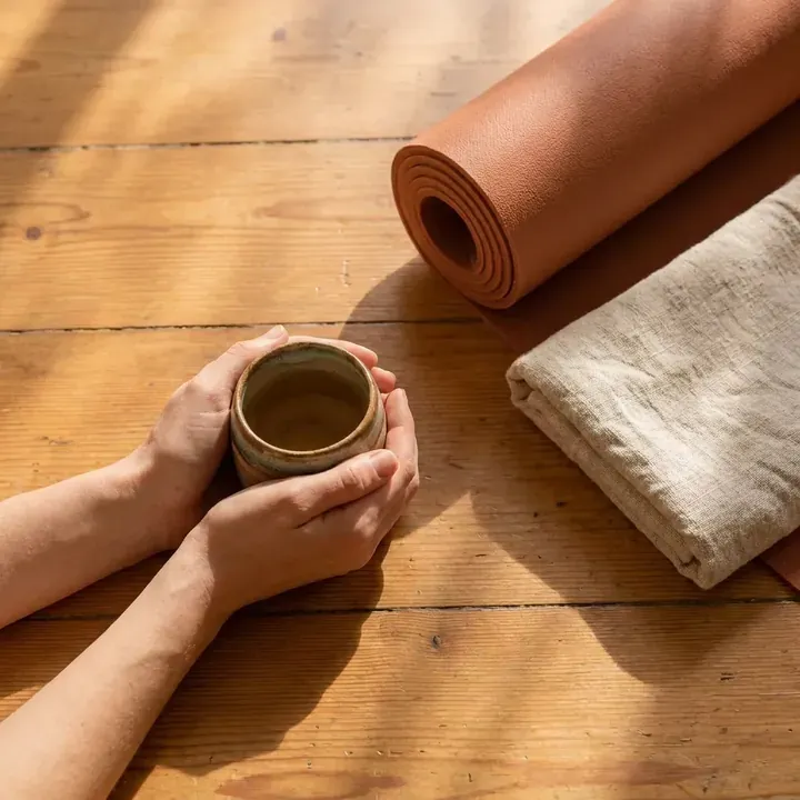 Hands round a cup of tea on the studio floor