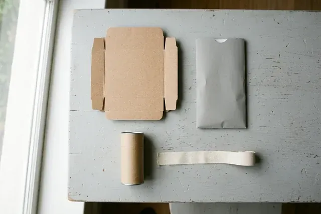 Unbranded paper packaging pieces laid out on a grey studio table
