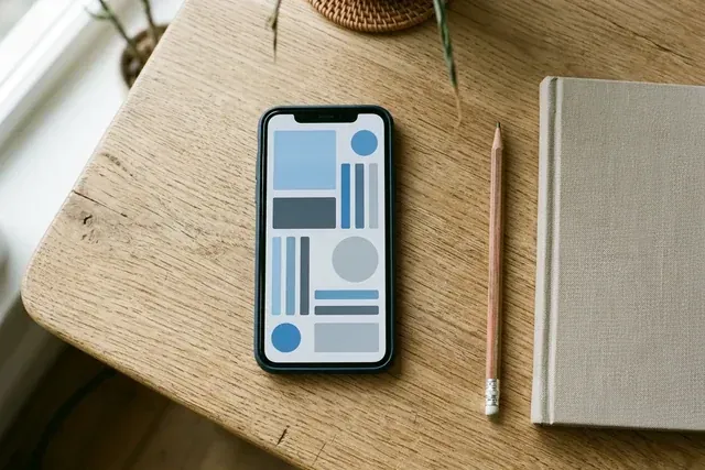 A phone on a desk showing an app screen built from plain blocks and bars