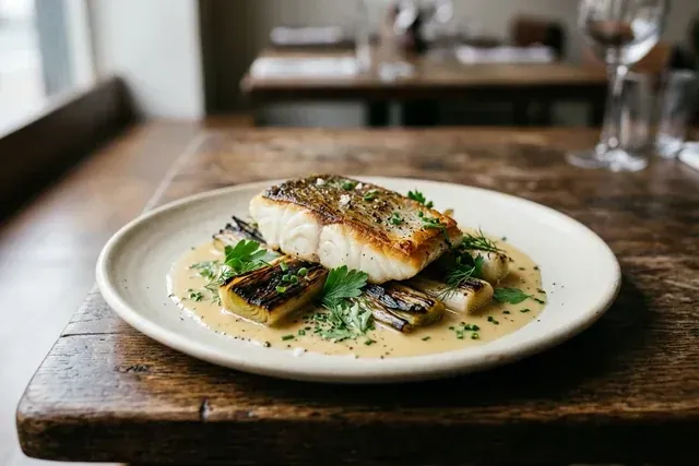 A plate of white fish with charred leeks and a pale sauce
