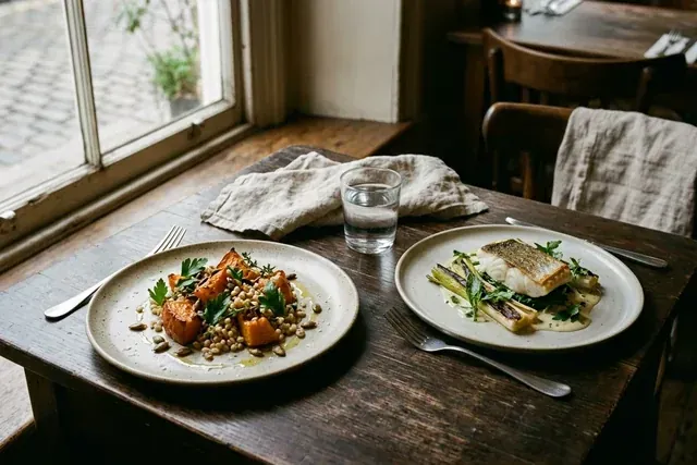 Two autumn plates on a dark wooden table beside a window