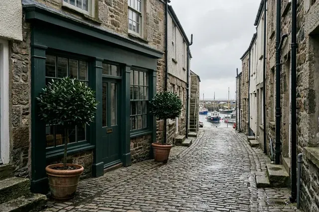 A dark green restaurant front on a cobbled harbour street