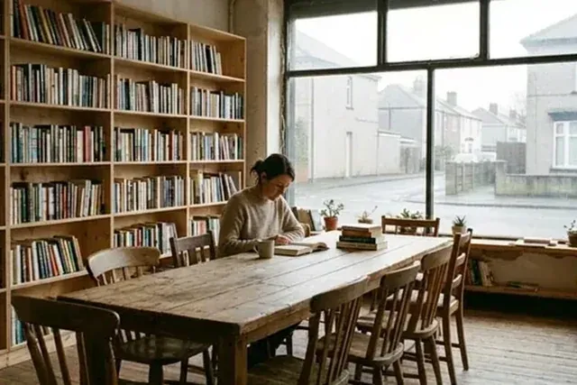A woman reading at the long shared table of a converted corner shop lined with plywood bookshelves