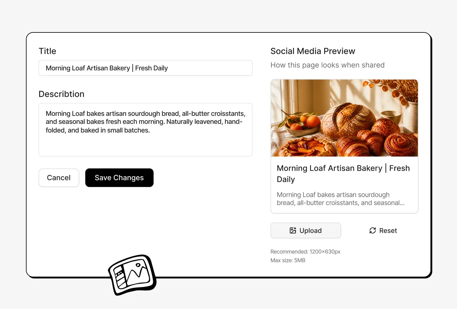 The SEO tab's edit form for a bakery page, with its title, description and a preview of how it looks when shared