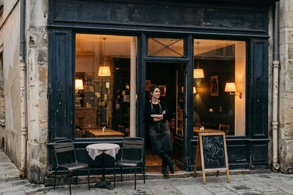 Marta leaning in the doorway of her corner bar in the early evening, a chalkboard beside her on the pavement