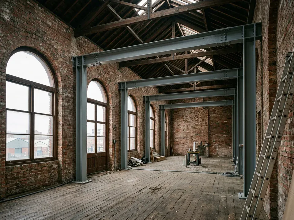 A new grey steel frame standing inside an old brick grain store