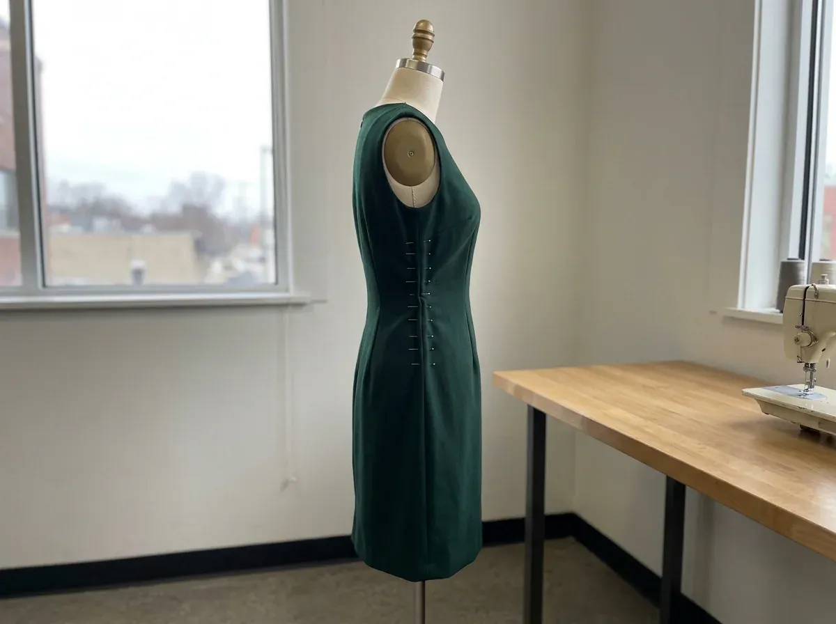 A dress on a dress form with a row of pins along the side seam