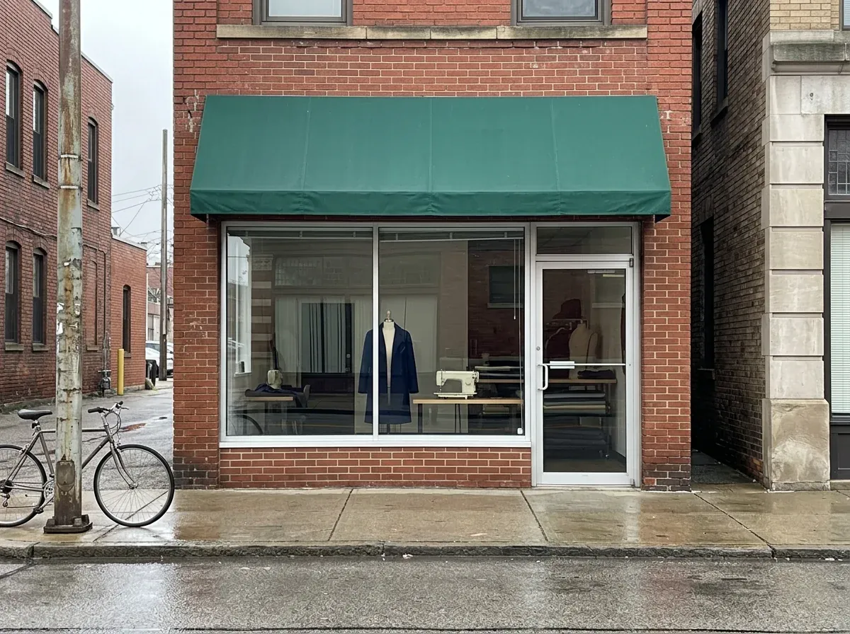 The narrow shopfront on Lorain Avenue with a dress form in the window