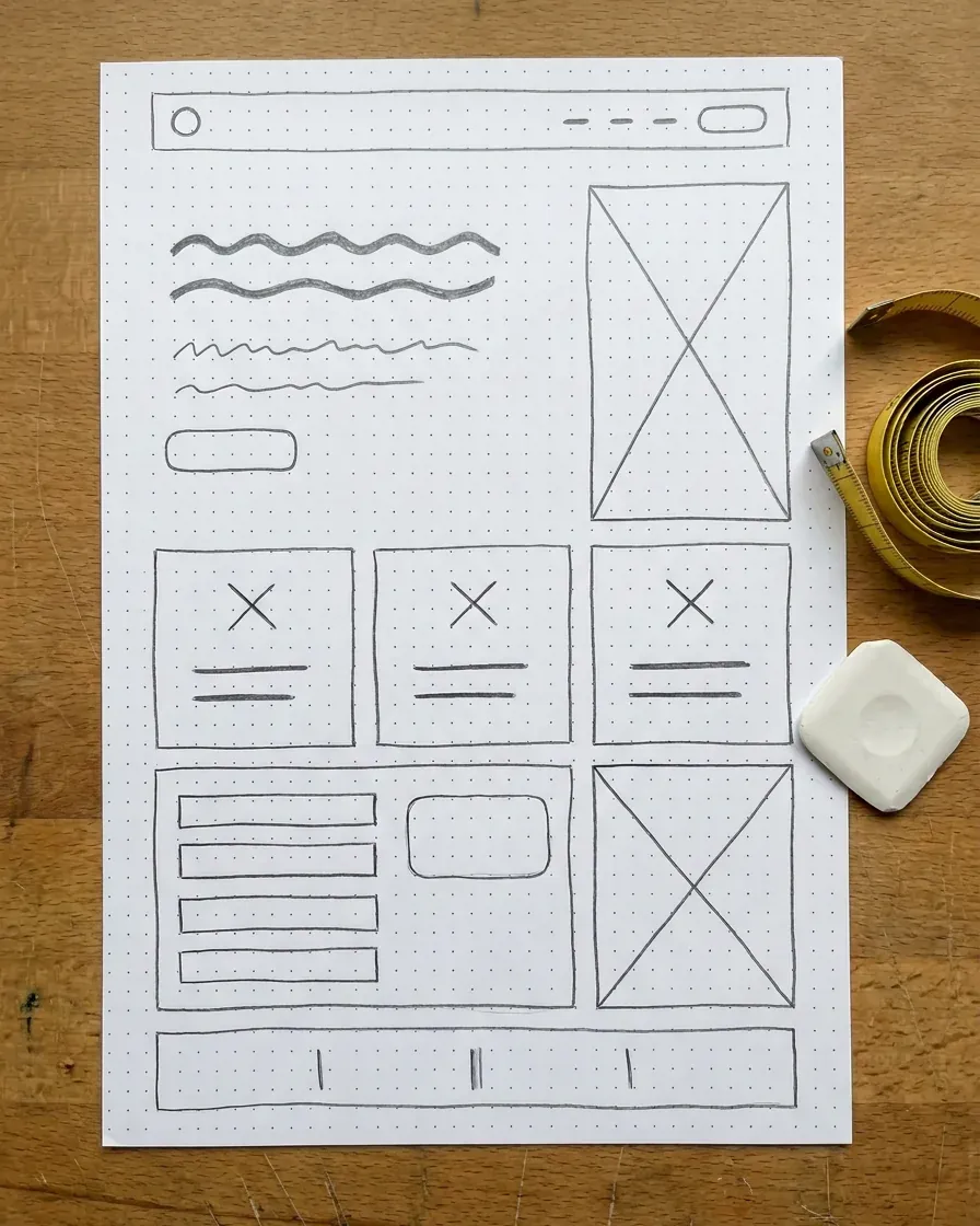 A pencil sketch of a web page on dotted pattern paper: a menu bar, a headline beside a photo box, three boxes in a row, a form and a footer