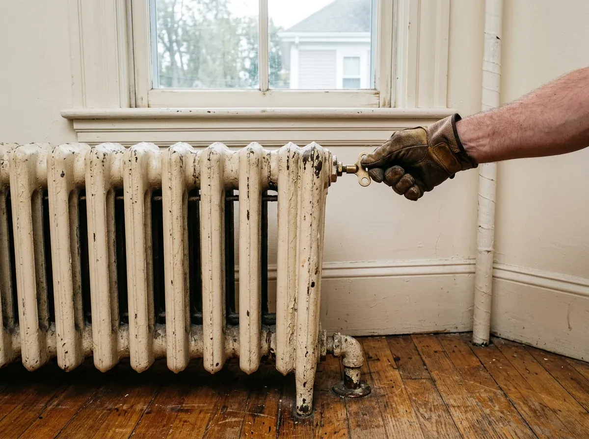An old cast-iron radiator under a window