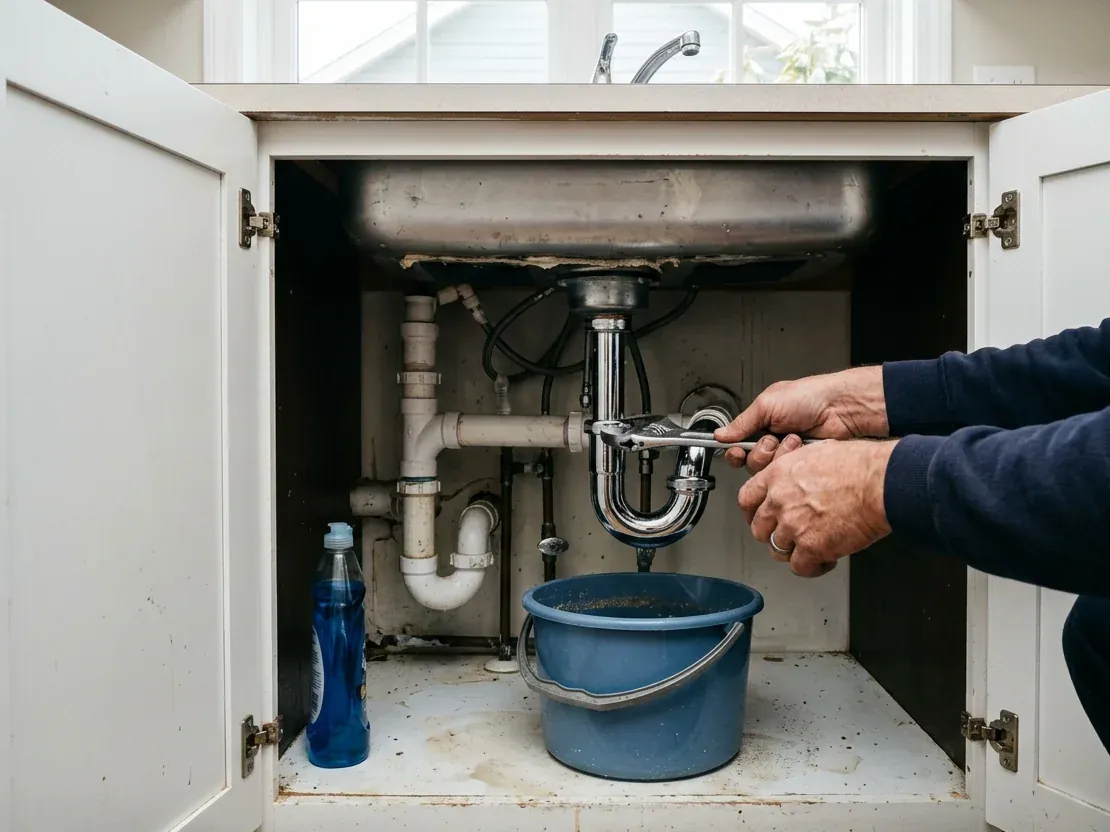 Hands fitting a new trap under a kitchen sink