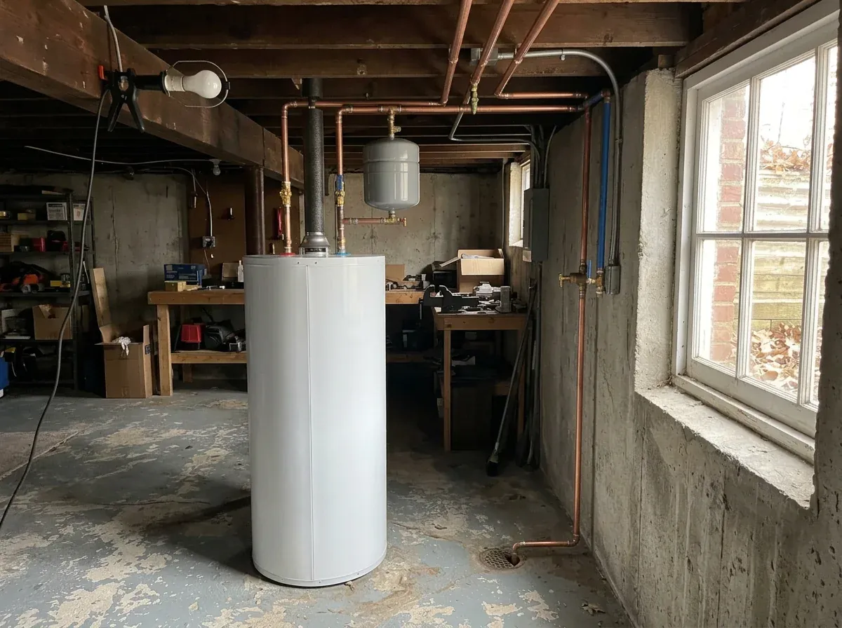 A new water heater in a basement