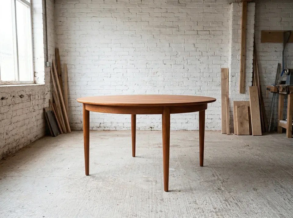 A round teak dining table on four tapered legs