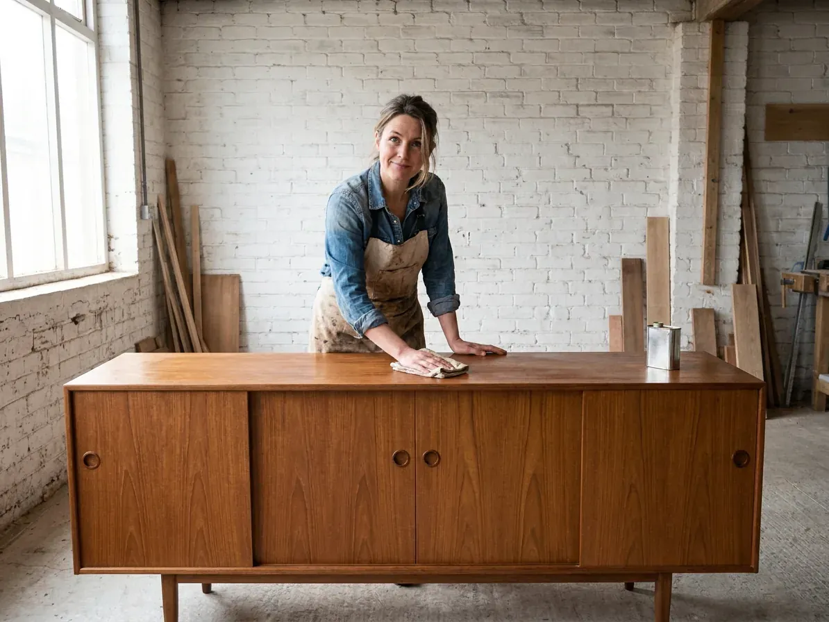 Rhona, who restores the furniture at Coburg Street, oiling the top of the teak sideboard in her workshop