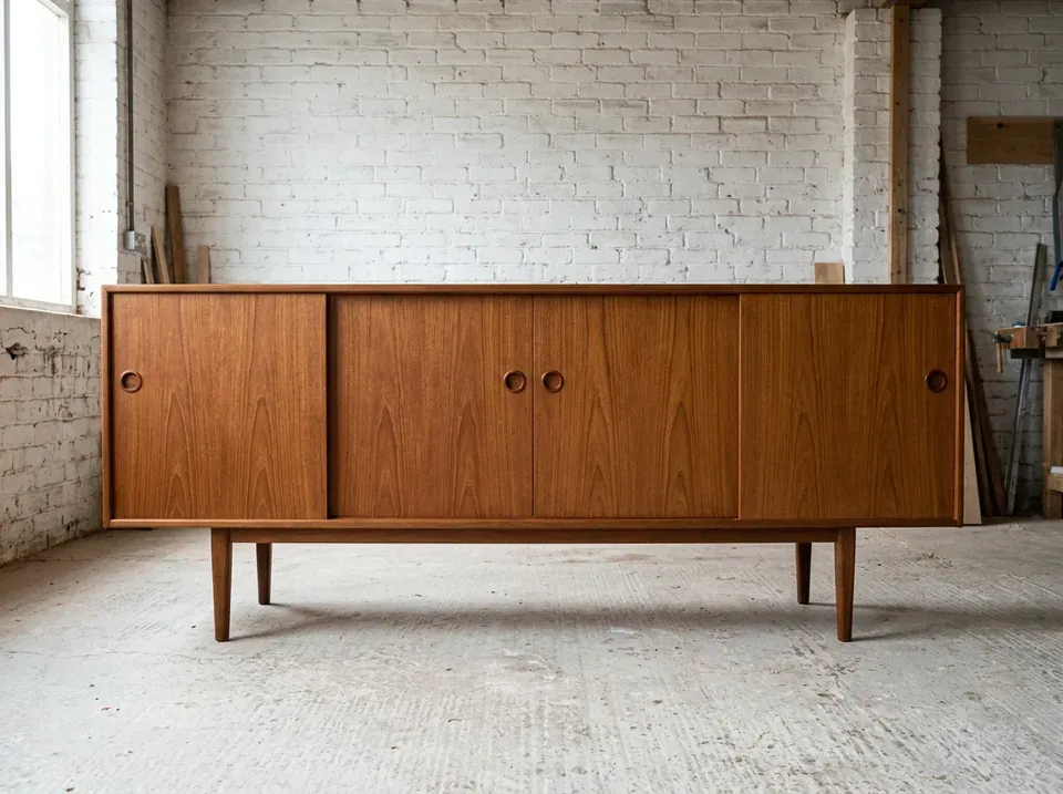 A long teak sideboard with four sliding doors against a white brick wall