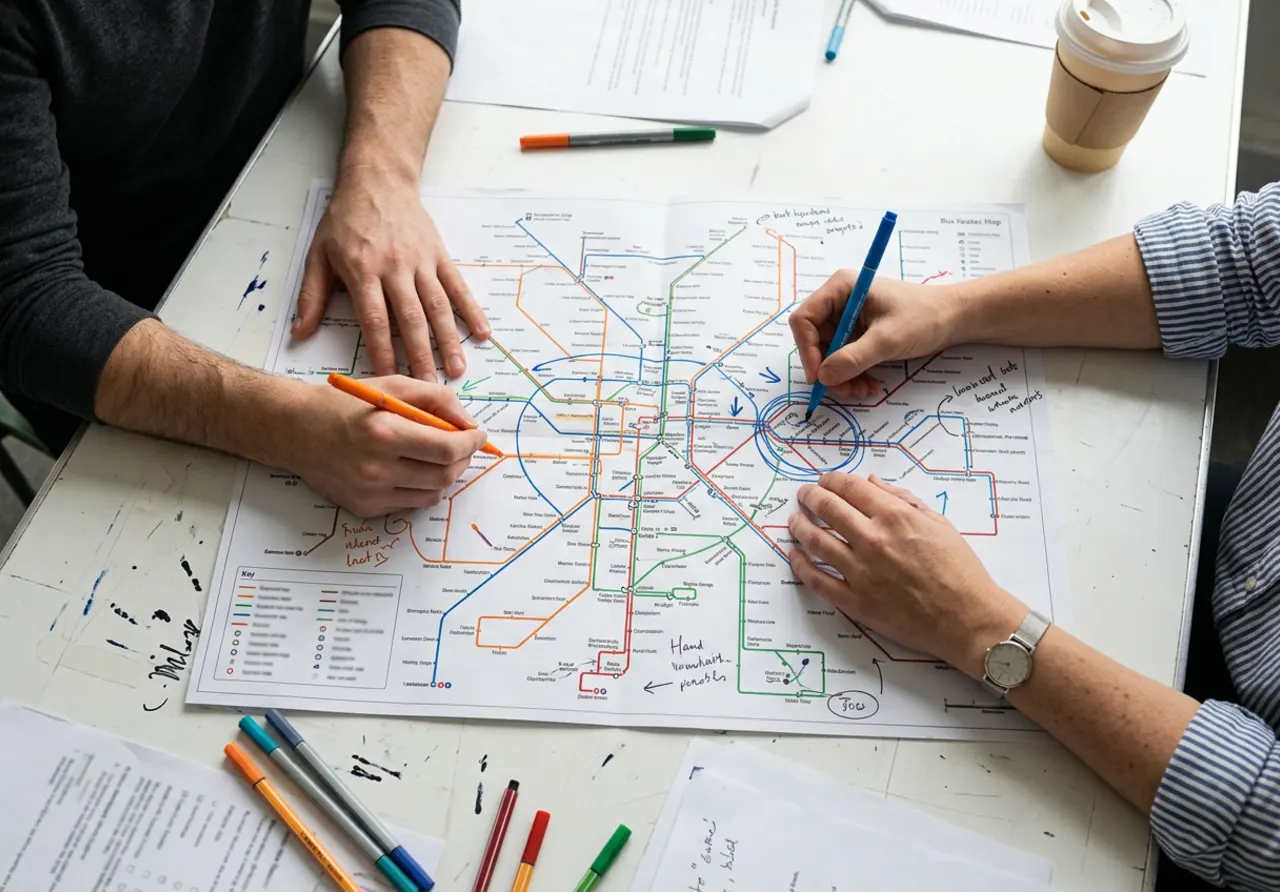 Riders drawing their routes on printed street maps with coloured pencils