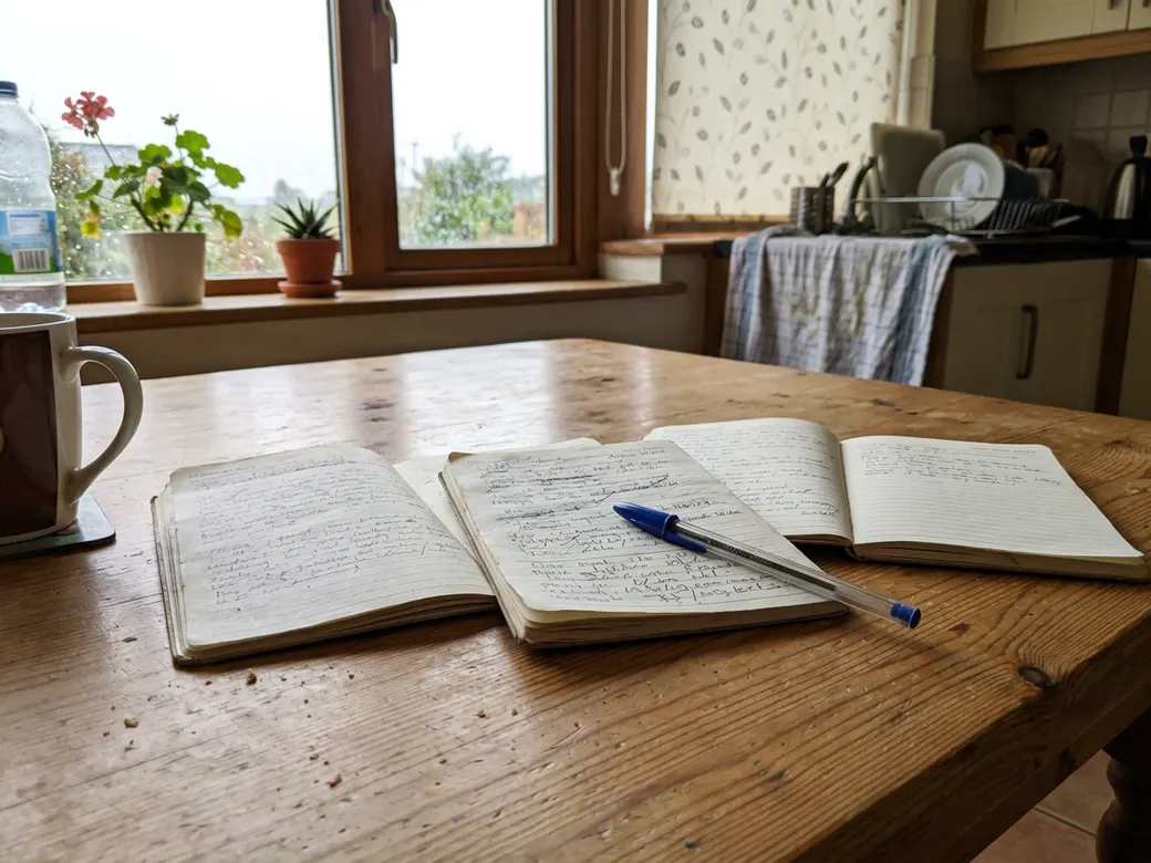 Paper research diaries lying open on a wooden table by a window