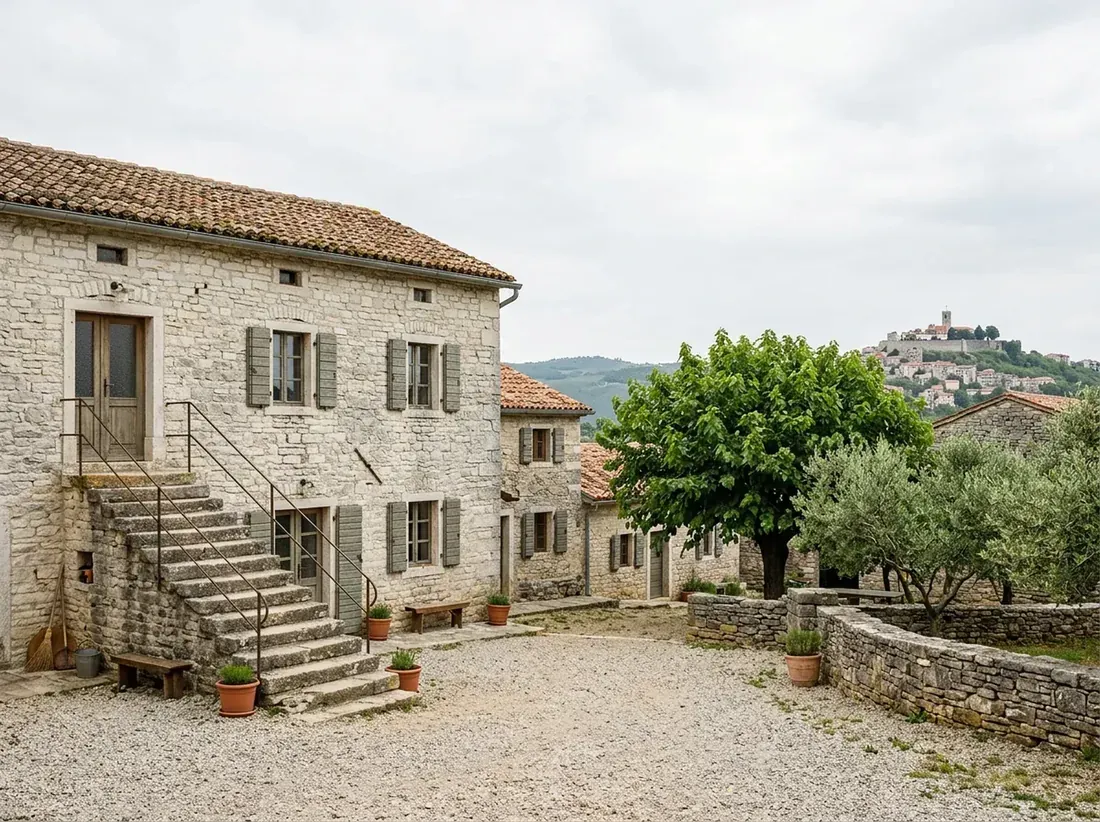 The two-storey family house with an outside stone staircase