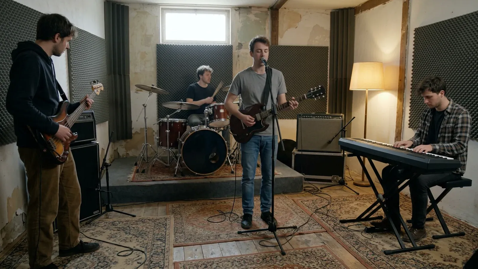 A four-piece band playing in a small rehearsal room with foam panels on the walls