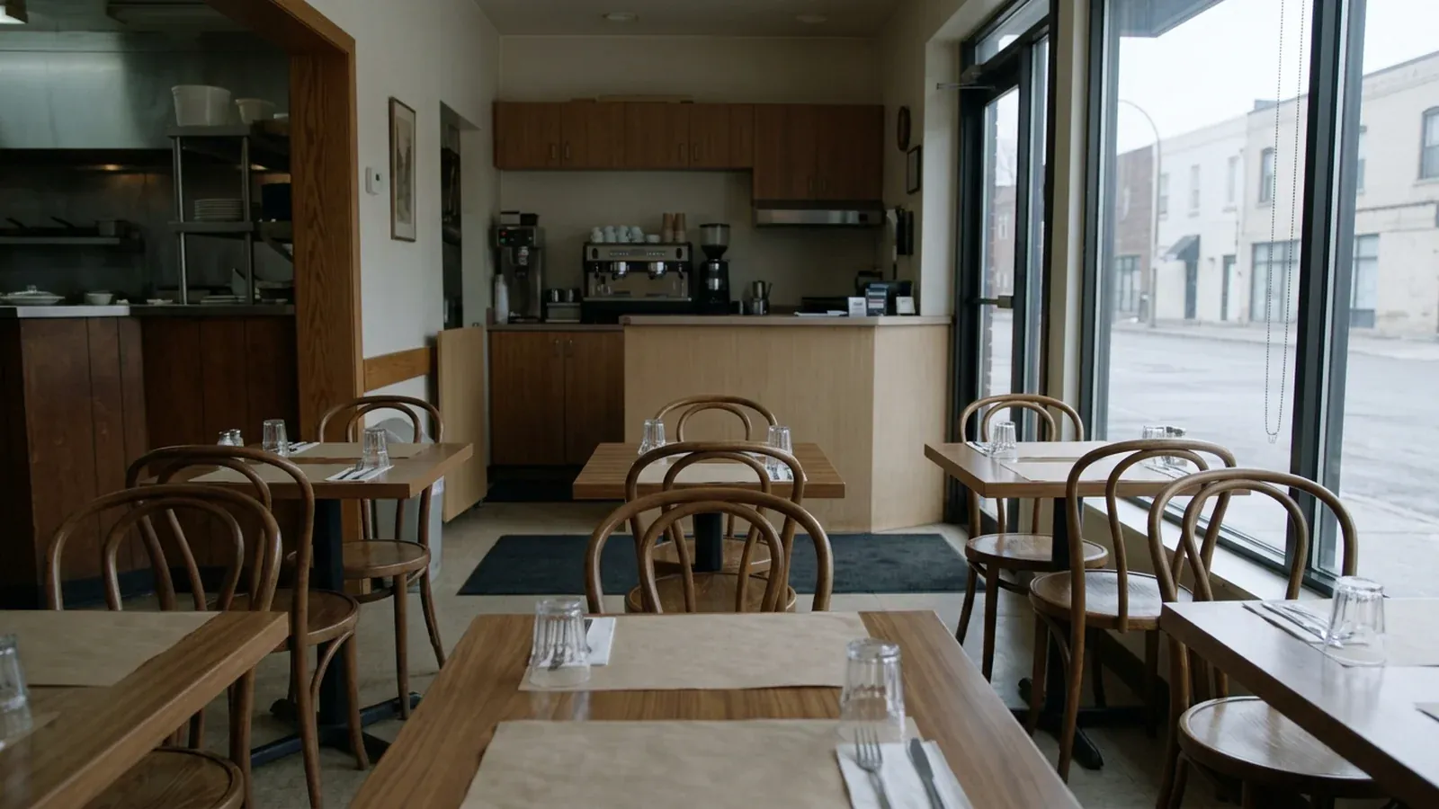 A small neighbourhood dining room set for lunch, daylight through the front window