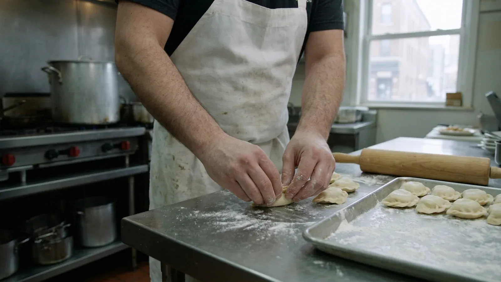 Hands pinching pierogi dough on a floured steel table