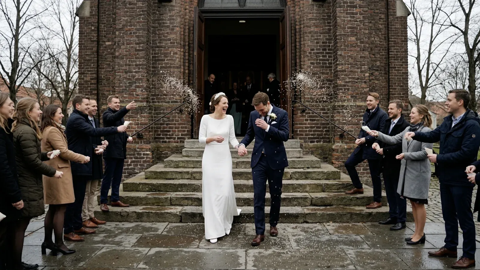 A couple walking down church steps while guests throw rice