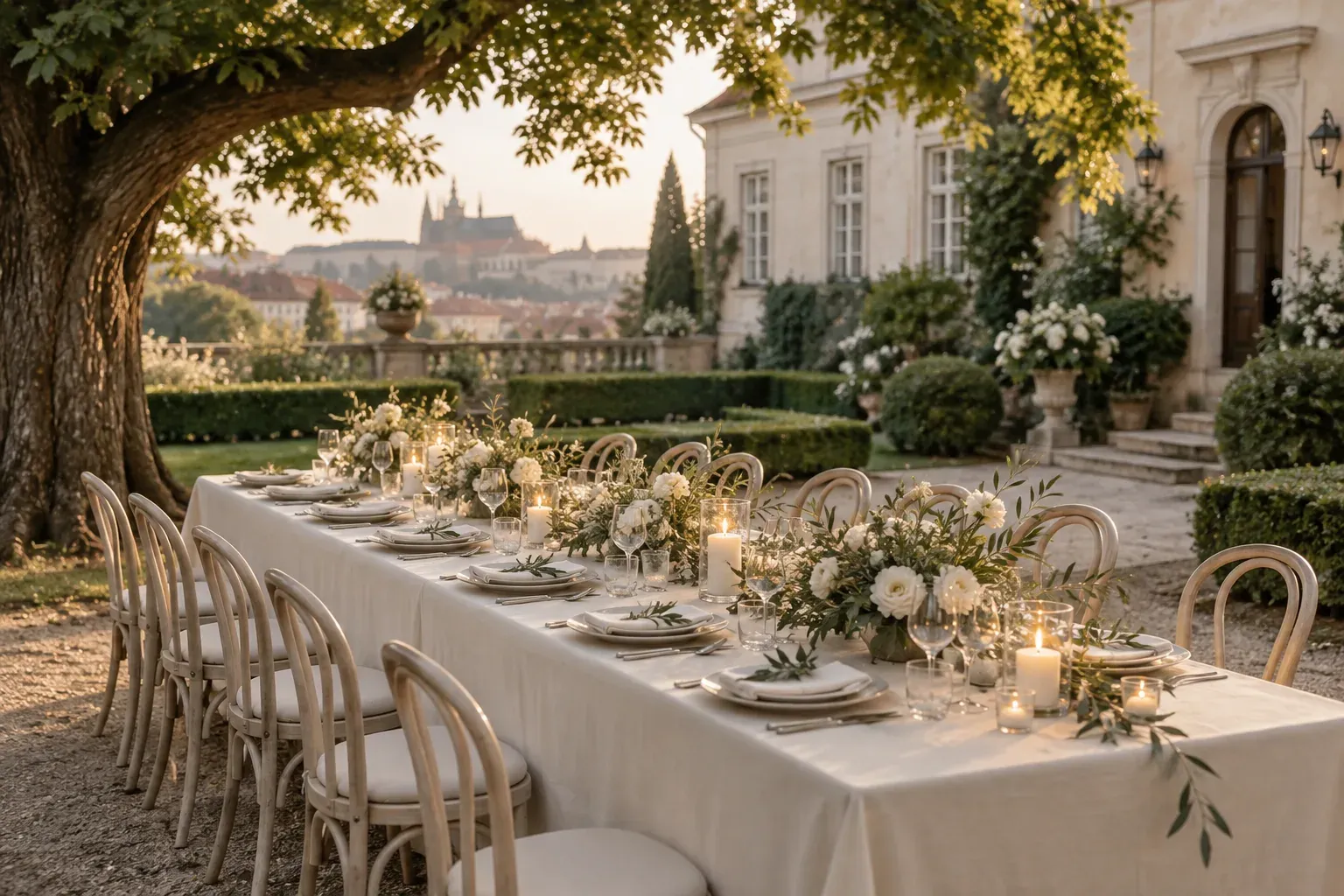 The long table laid for Anna and Petr's wedding in the villa garden
