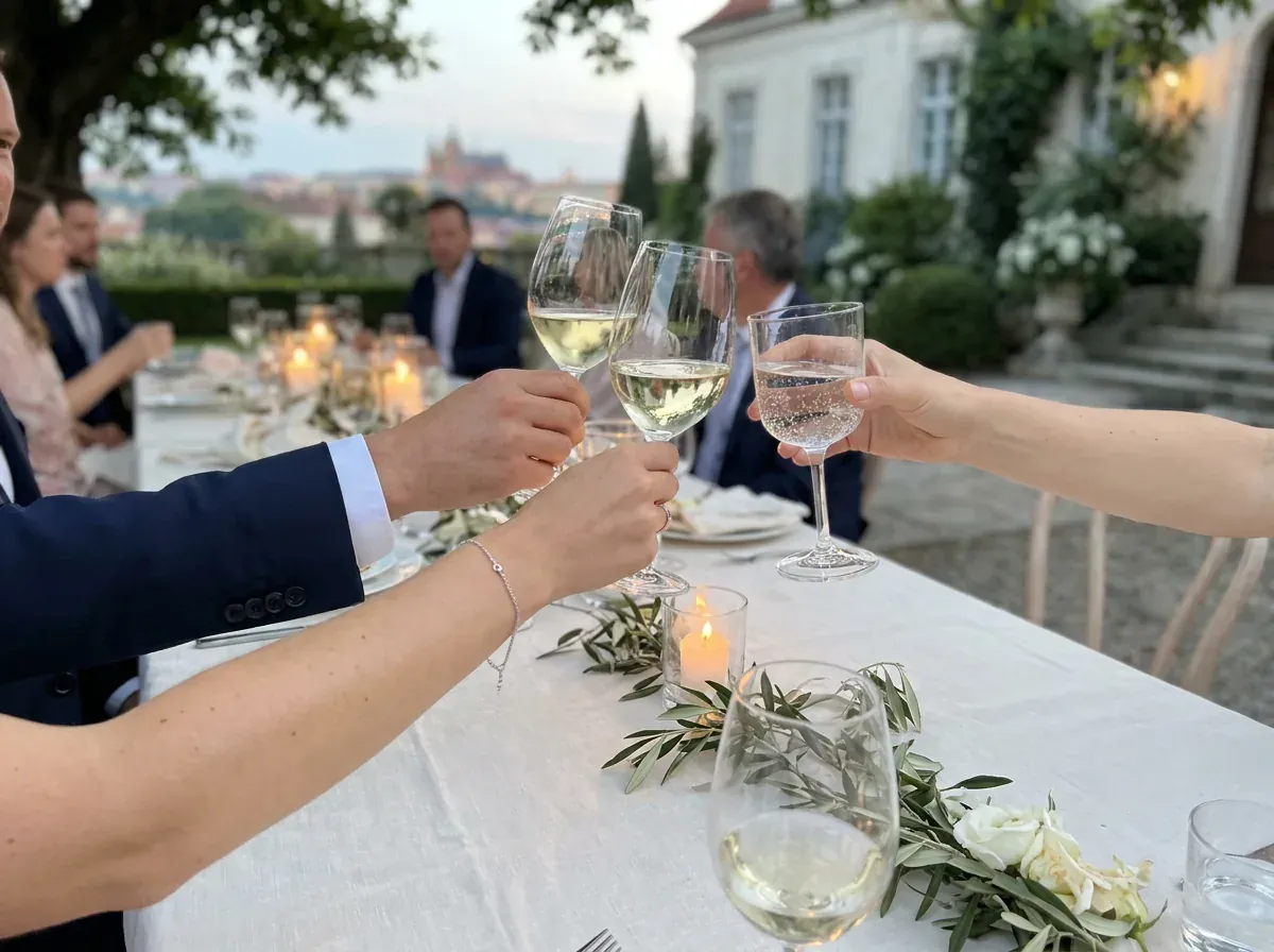 Hands raising glasses of wine over the long white table