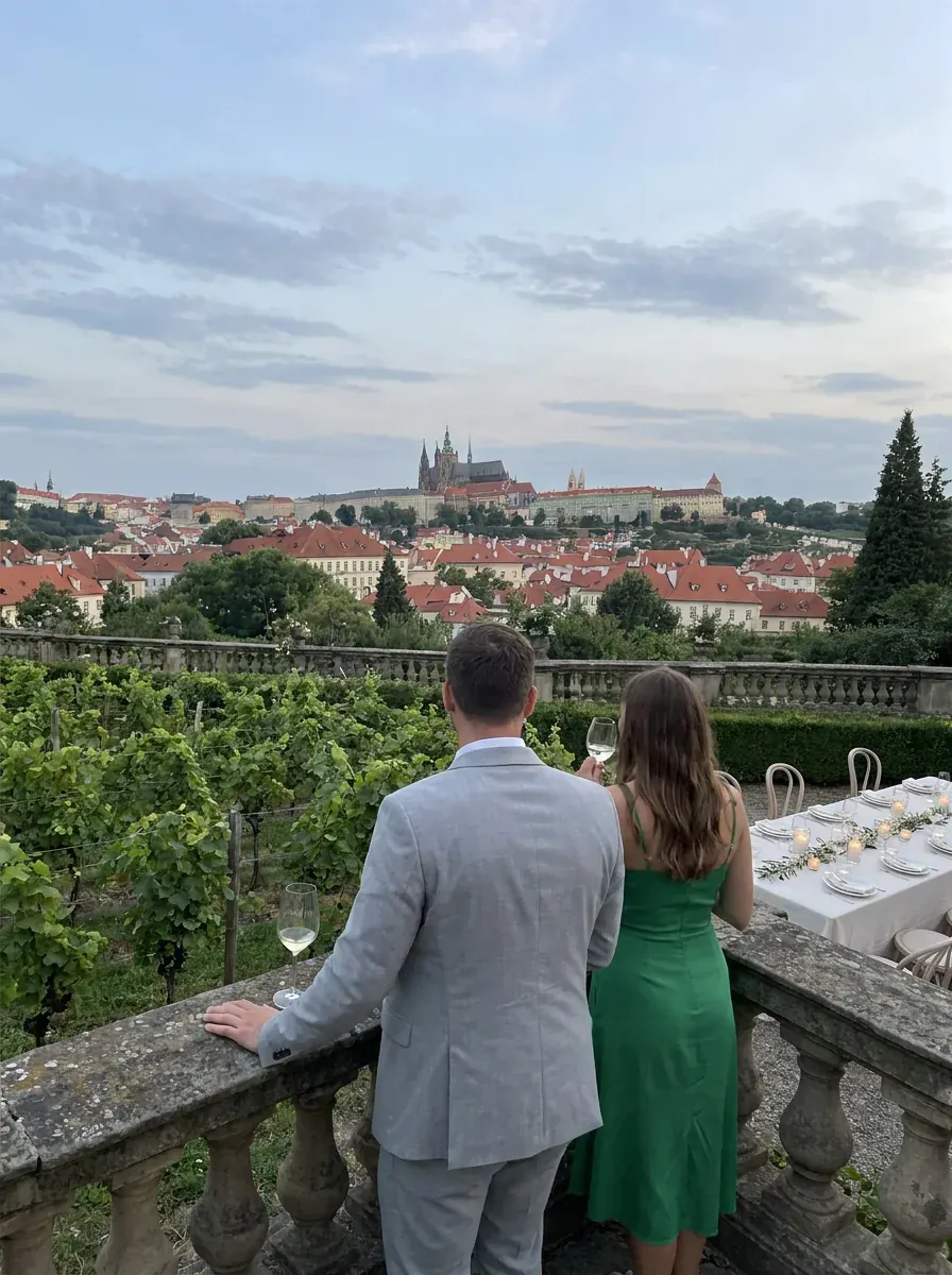 Two guests at the stone balustrade looking over the vineyard to Prague Castle