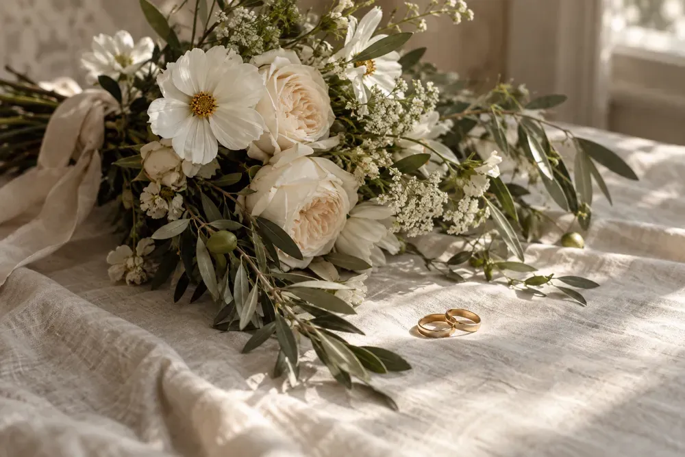A bouquet and two rings on a linen tablecloth